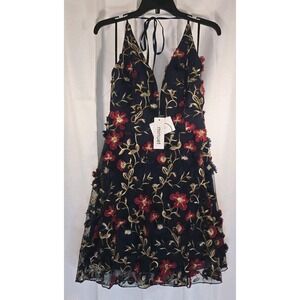 Minuet‎ Navy Red Floral Lace Deep V Spaghetti Strap Halter Mini Dress Size Large